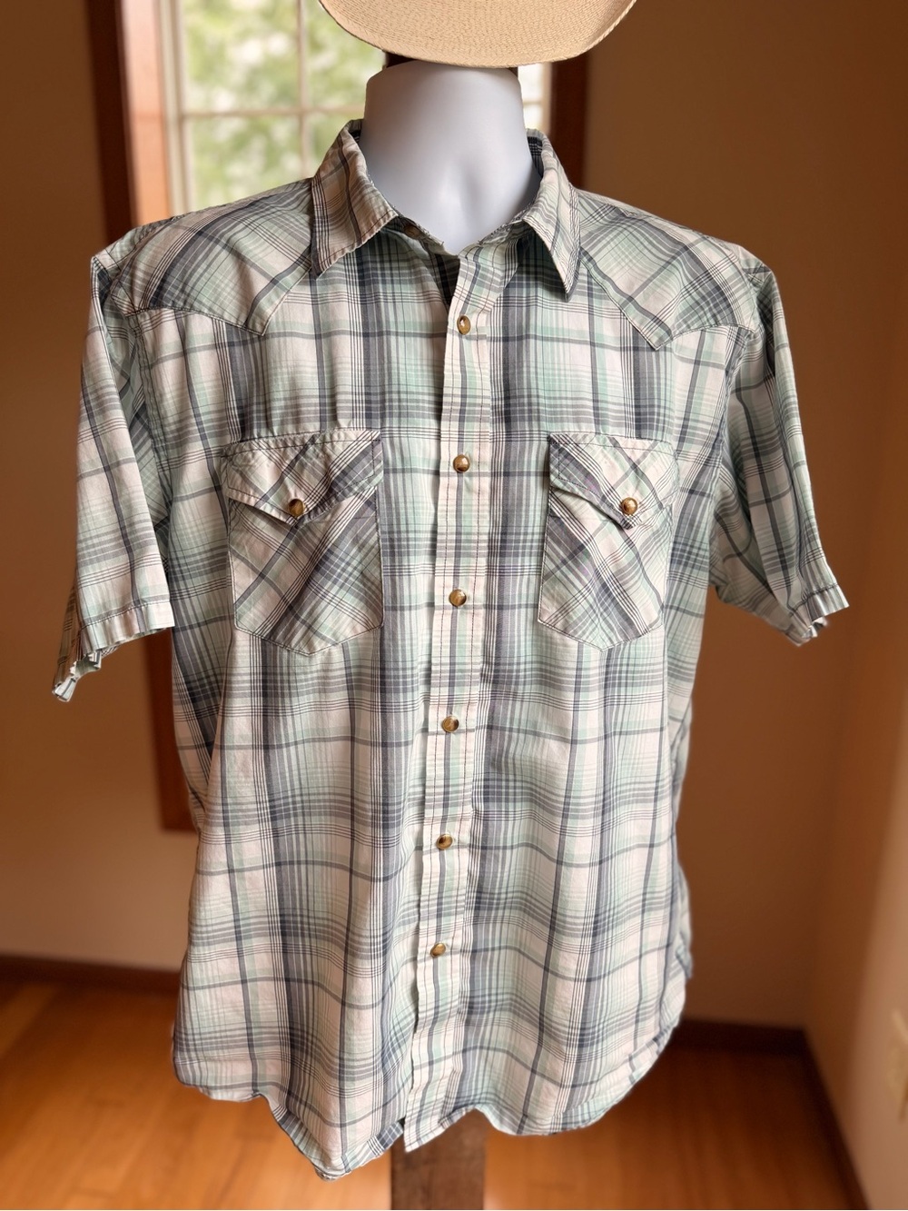 Pendleton Frontier Western Shirt Mens L Blue-Gray Plaid Pearl Snap Short Sleeve